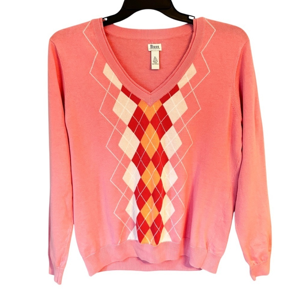 G.H. Bass Women’s Vintage Petal Pink Cotton Argyle V-Neck Preppy Sweater Sz XL